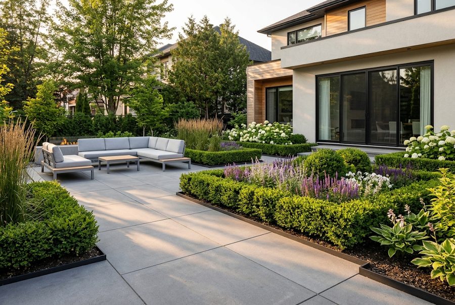 Cour aménagée avec terrasse et aménagement paysager inspirant