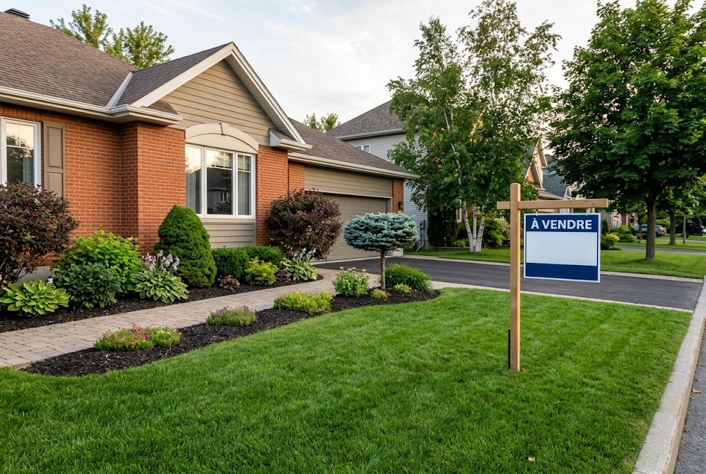 Pristine residential entrance with a for-sale sign