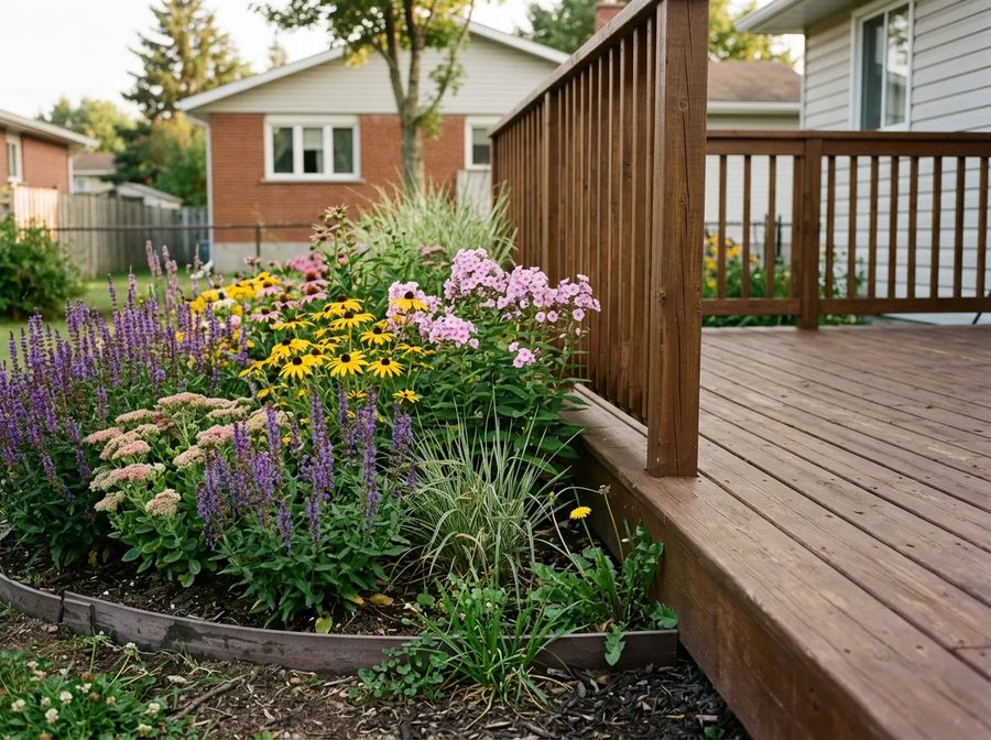 Deck en bois avec plate-bande fleurie