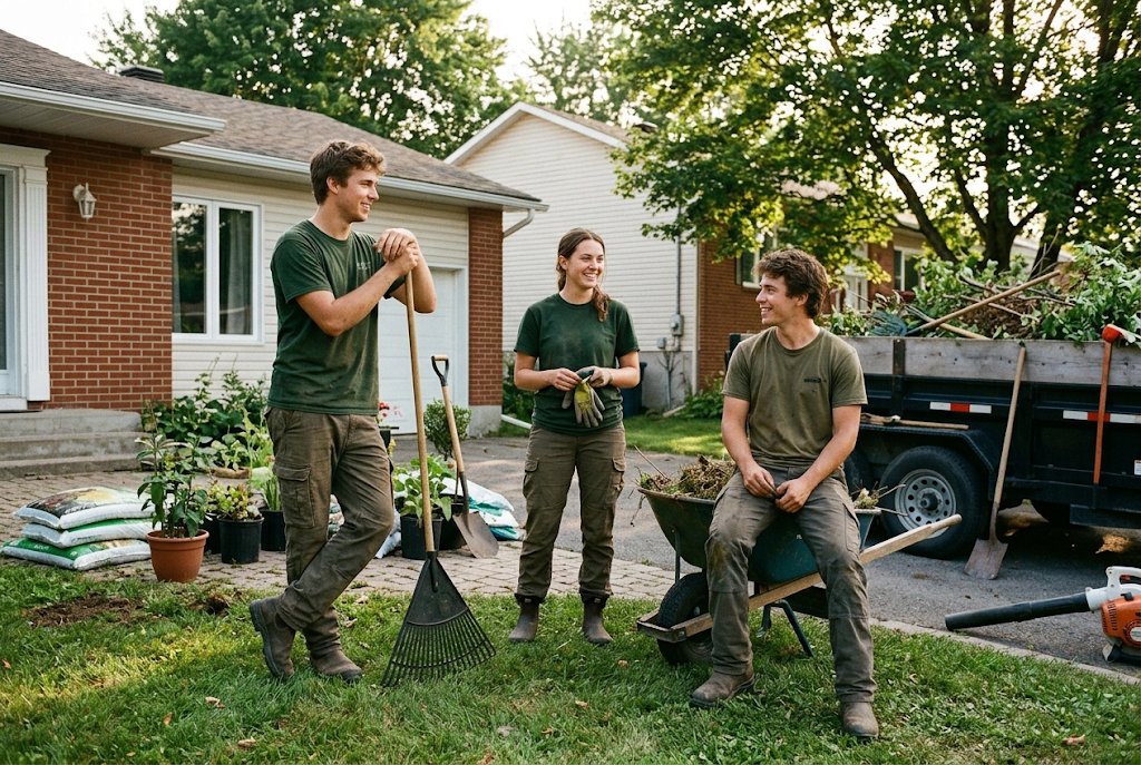 Jeunes travailleurs souriants sur un chantier paysager