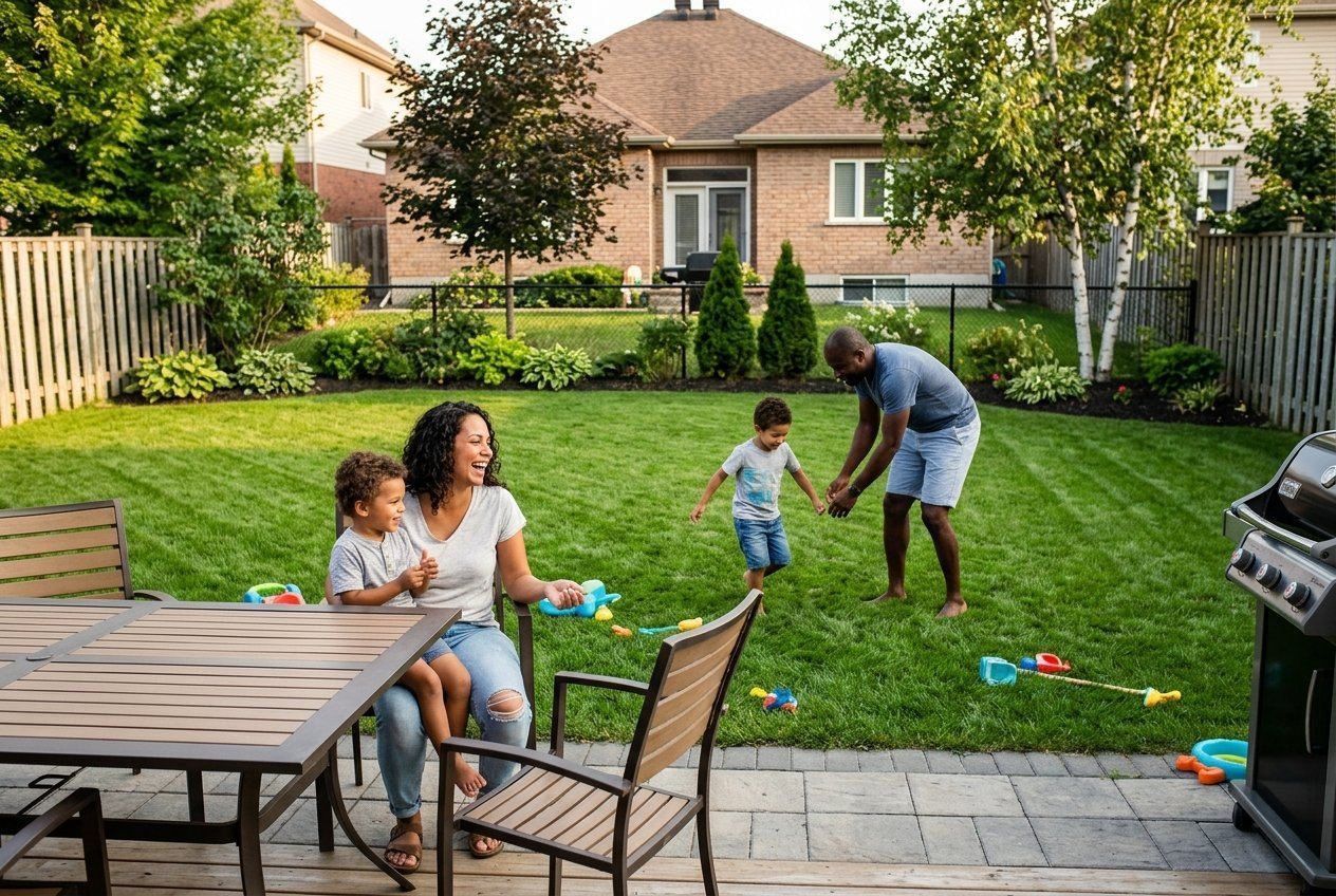 Family enjoying their backyard with a spotless lawn in the background