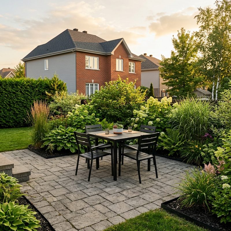 Coin repas extérieur aménagé sur terrasse en pavé