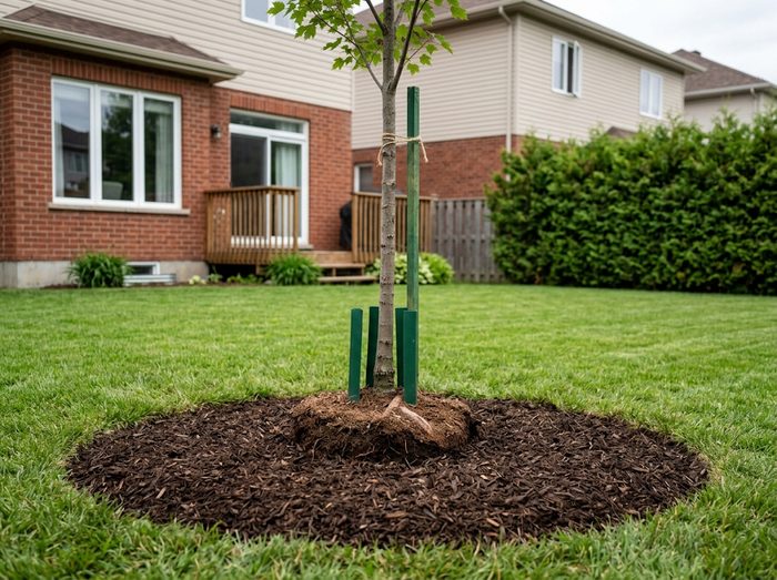 Jeune arbre fraîchement planté dans un massif paillé