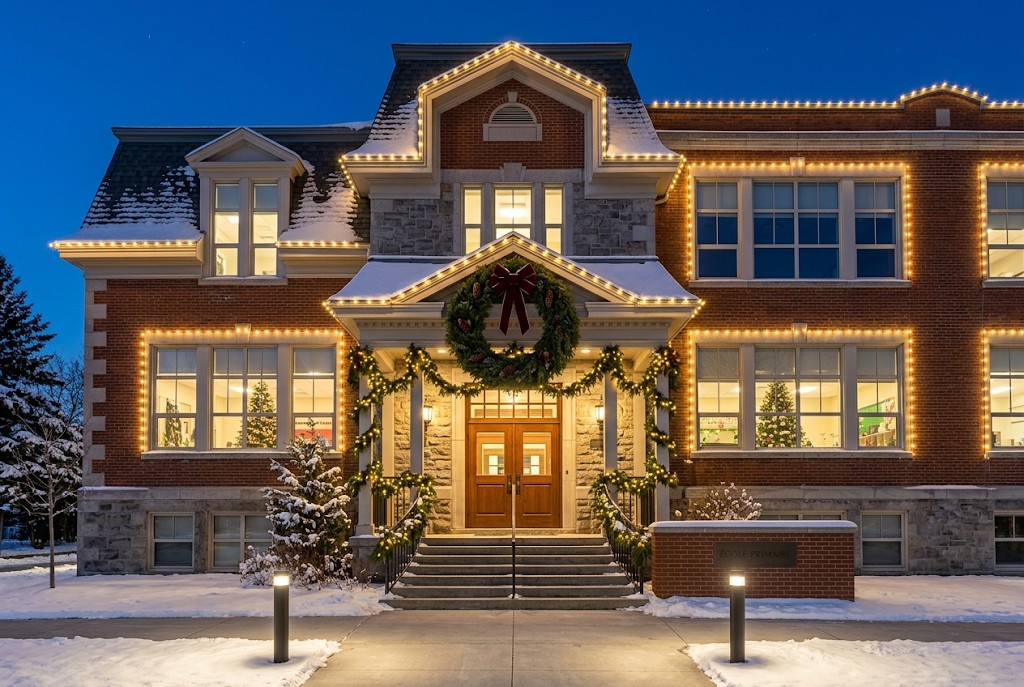 Façade résidentielle illuminée de lumières des Fêtes installées avec soin